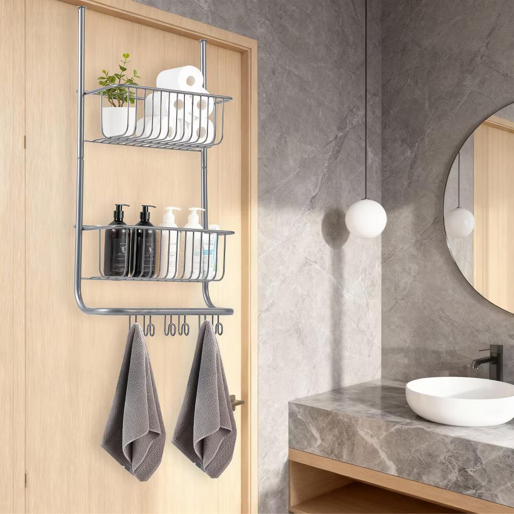 Over The Door Organizer, 2-Tier Metal Shower Caddy with 6 Hooks, Adjustable Hanging Storage - Image 12