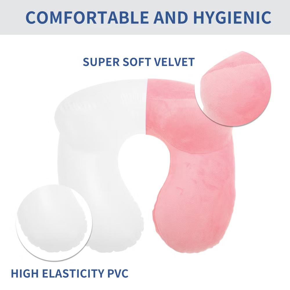 Neck Pillow W/ Storage Bag Eye Mask for Airplane Train Office Inflatable Travel Pillow Pink 1 Set