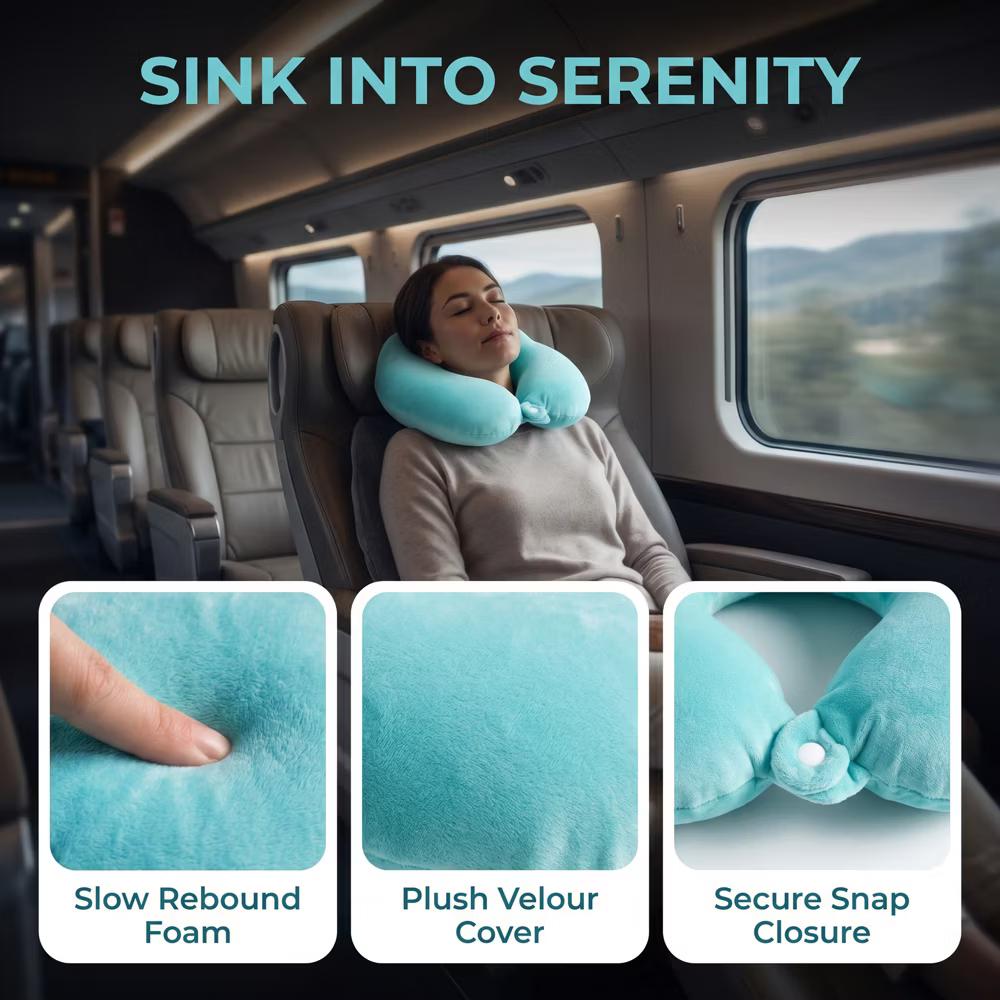 U‑Shape Memory Foam Travel Neck Pillow with Snap Closure Plush Cover 1Pc - Image 7