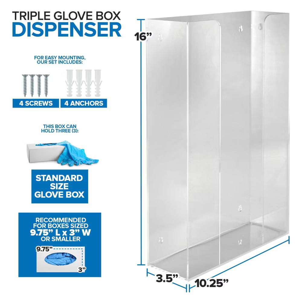 Stock Your Home Triple Acrylic Gloves Dispenser, Tissue Box Shelf, Glove Holder Wall Mount, For Kitchen, Cleaning Closet, Lab, Exam, Office - Image 4