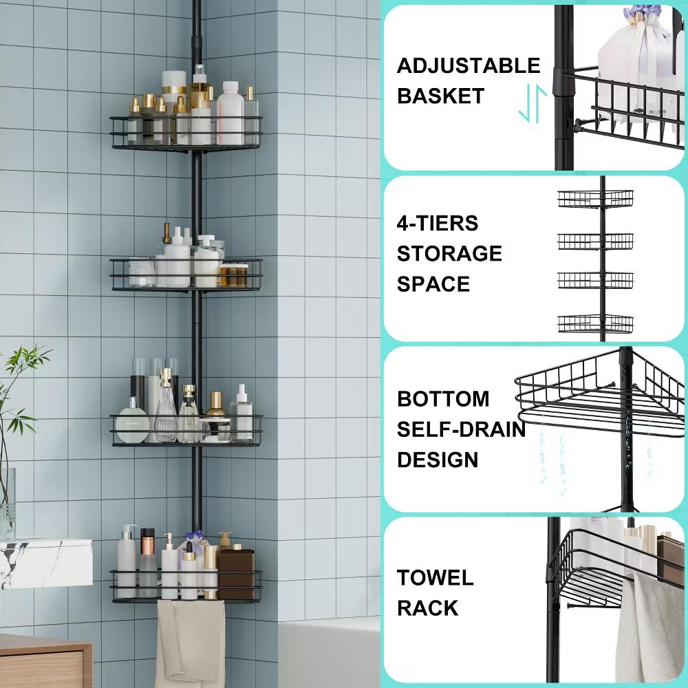 Tension Pole Shower Caddy, Corner Shower Caddies with 4 Baskets and Towel Bars, Rustproof Bathroom Shower Organizer Adjustable 98-110 Inch - Image 7