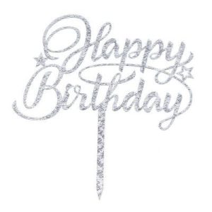 Silver 'Happy Birthday' with Stars Cake Topper