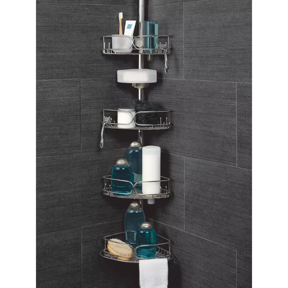 Corner Tension Pole Shower Caddy Stainless Steel - Zenna Home: Rustproof Metal Bath Organizer, 4 Shelves, Adjusts 5' to 9'