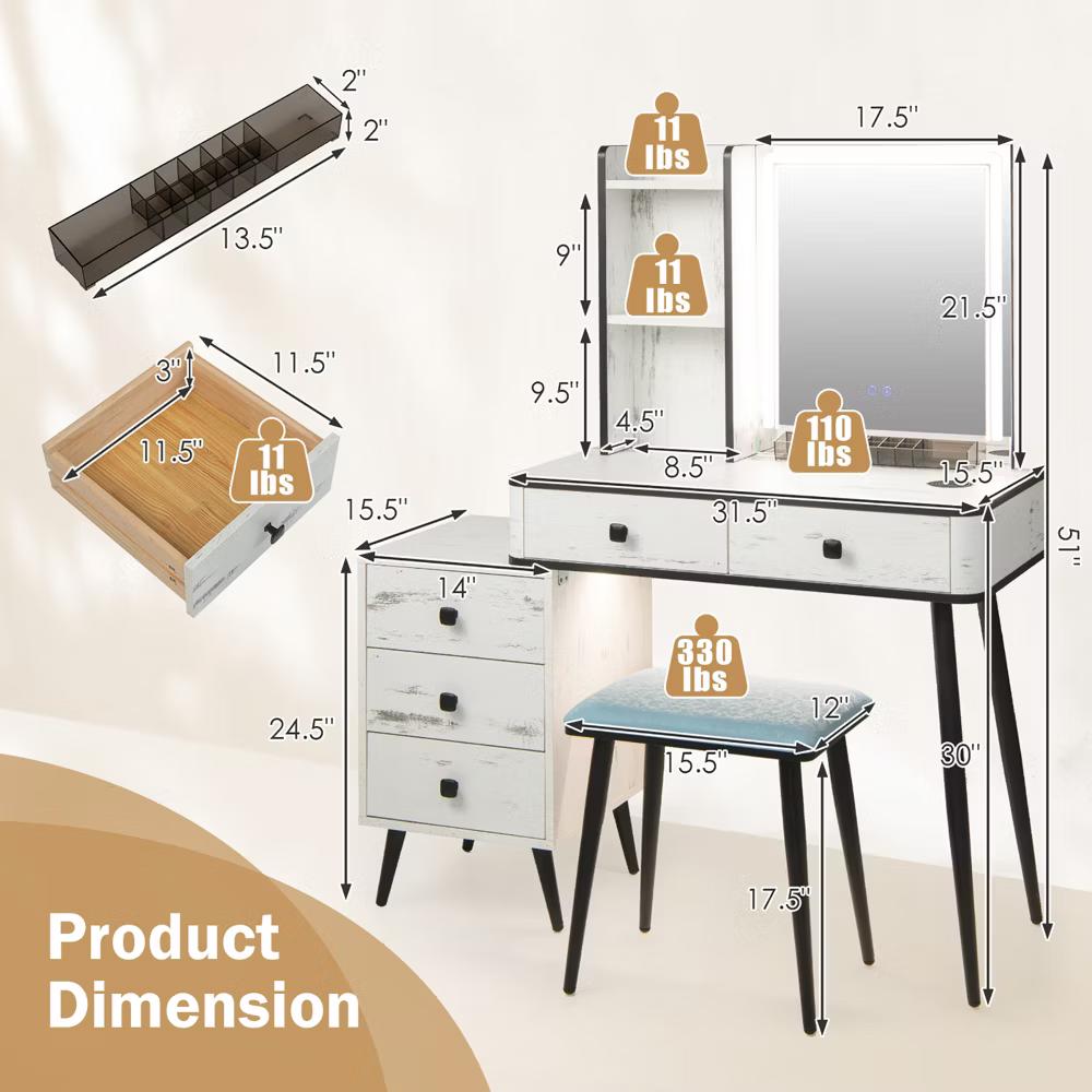 Vanity Set with Dimmable Lighted Mirror 3 Lighting Modes - Image 14