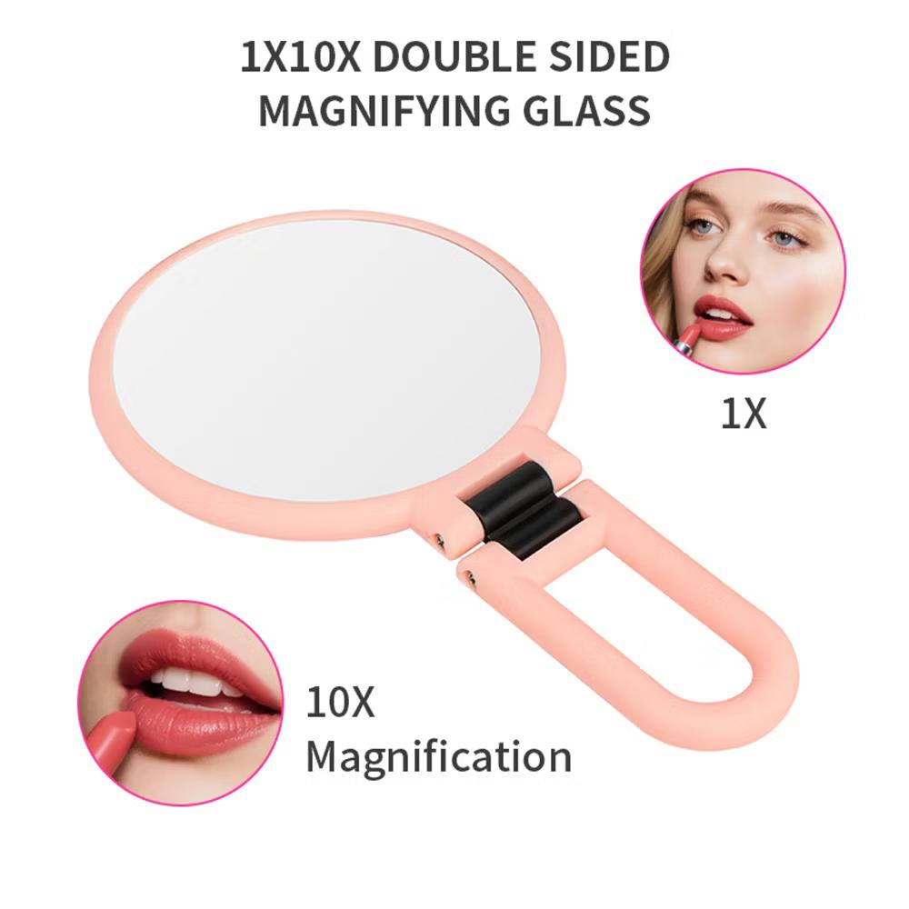 Mber Hand Mirror For Makeup Mirror Double Sided, 1X 10X Magnifying Mirror, Handheld Mirrors with Handle, Foldable Travel Hand Mirror With Stand Pink - Image 2