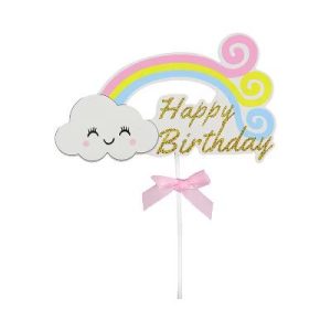 Rainbow Happy Birthday with Separate Ribbon Bow and Plastic Stick (Glitter Gold w/Top "Happy")