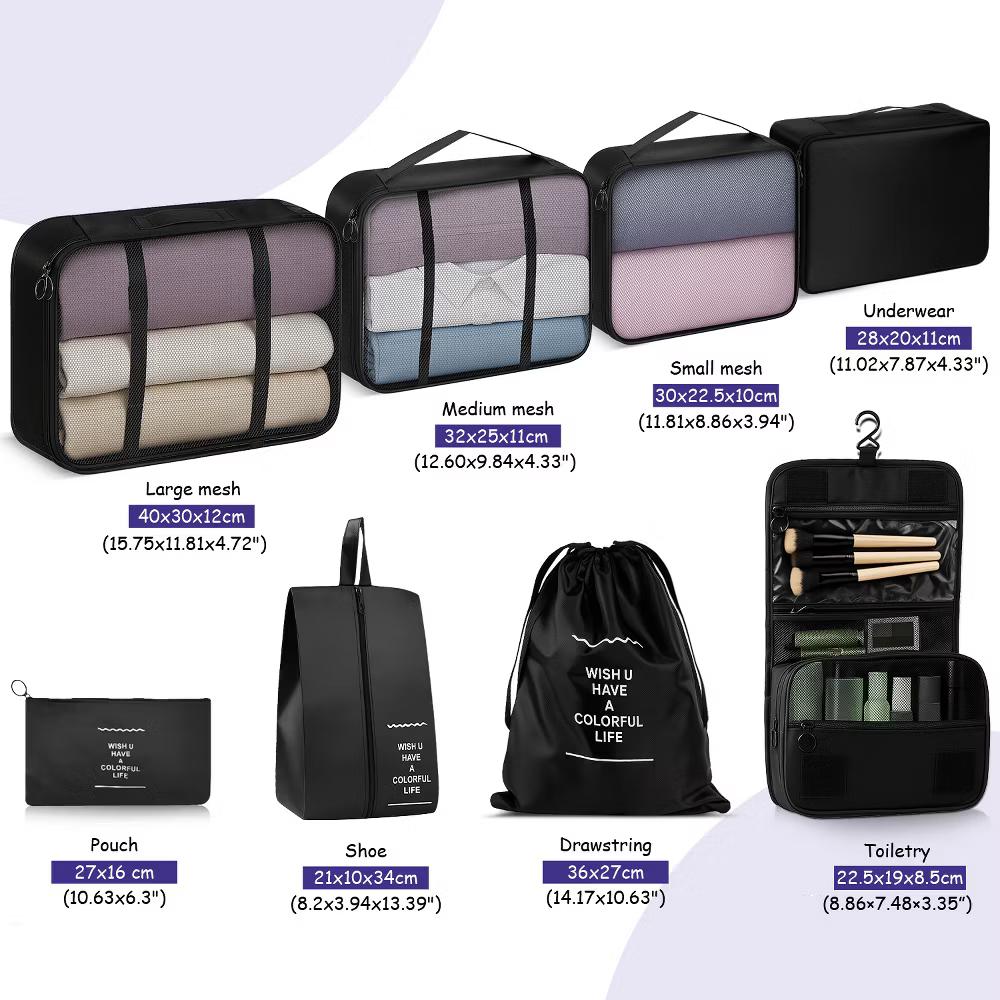 8pc Packing Cubes For Travel, Hanging Toiletries Travel Bags Makeup, Suitcase Luggage Organizer Bags, Travel Cubes Set, Black - Image 2