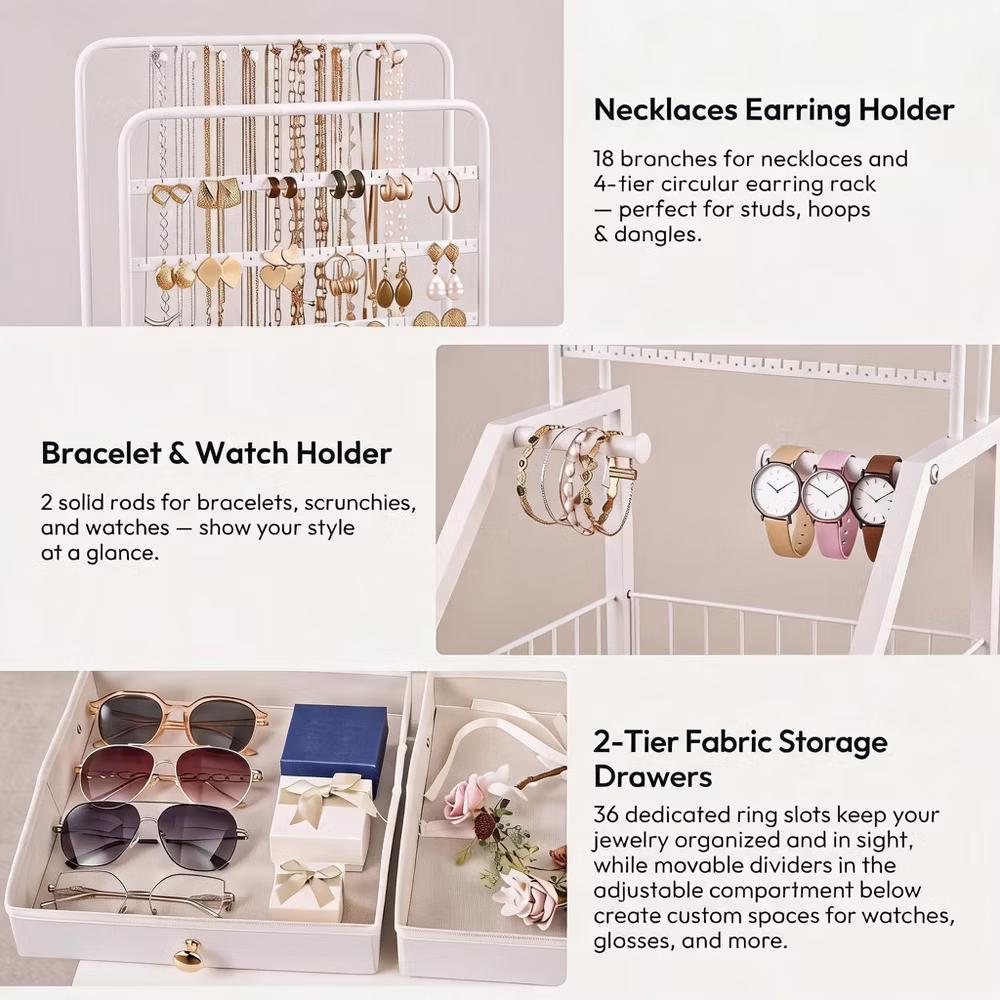 Rolling Makeup Vanity Cart and Jewelry Organizer with Drawers and Hooks - Multifunctional Cosmetics Storage Tower - Image 5