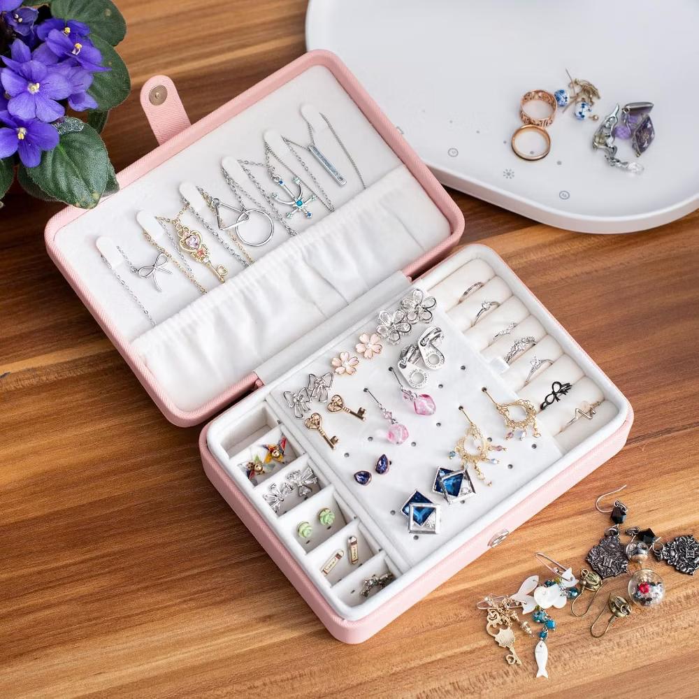 Zodaca Pink Jewelry Travel Organizer Case, Portable Storage Box Holder for Rings Earrings Necklaces, Gifts for Women - Image 2