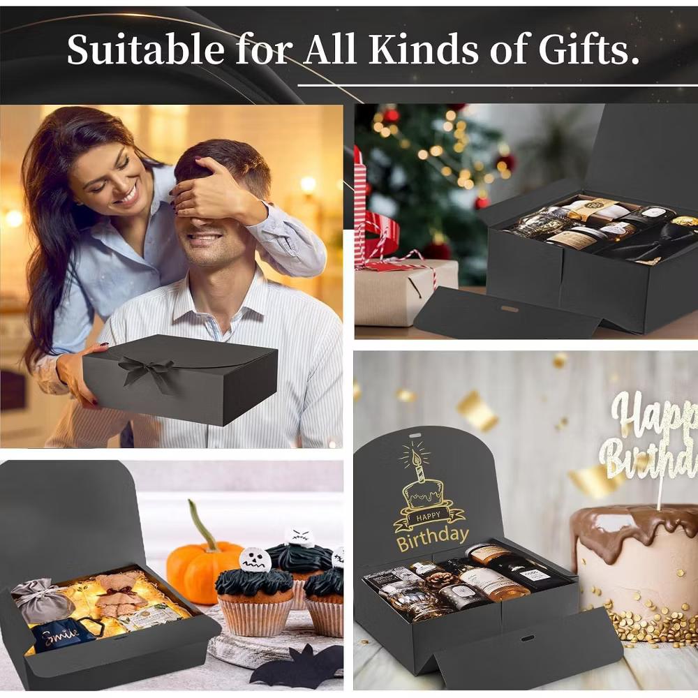 12 Pack Black Gift Boxes with Lids 10.6x7.8x3.1 Inch Paper Box with Ribbon for Bridesmaid Proposal Wedding Birthday Party