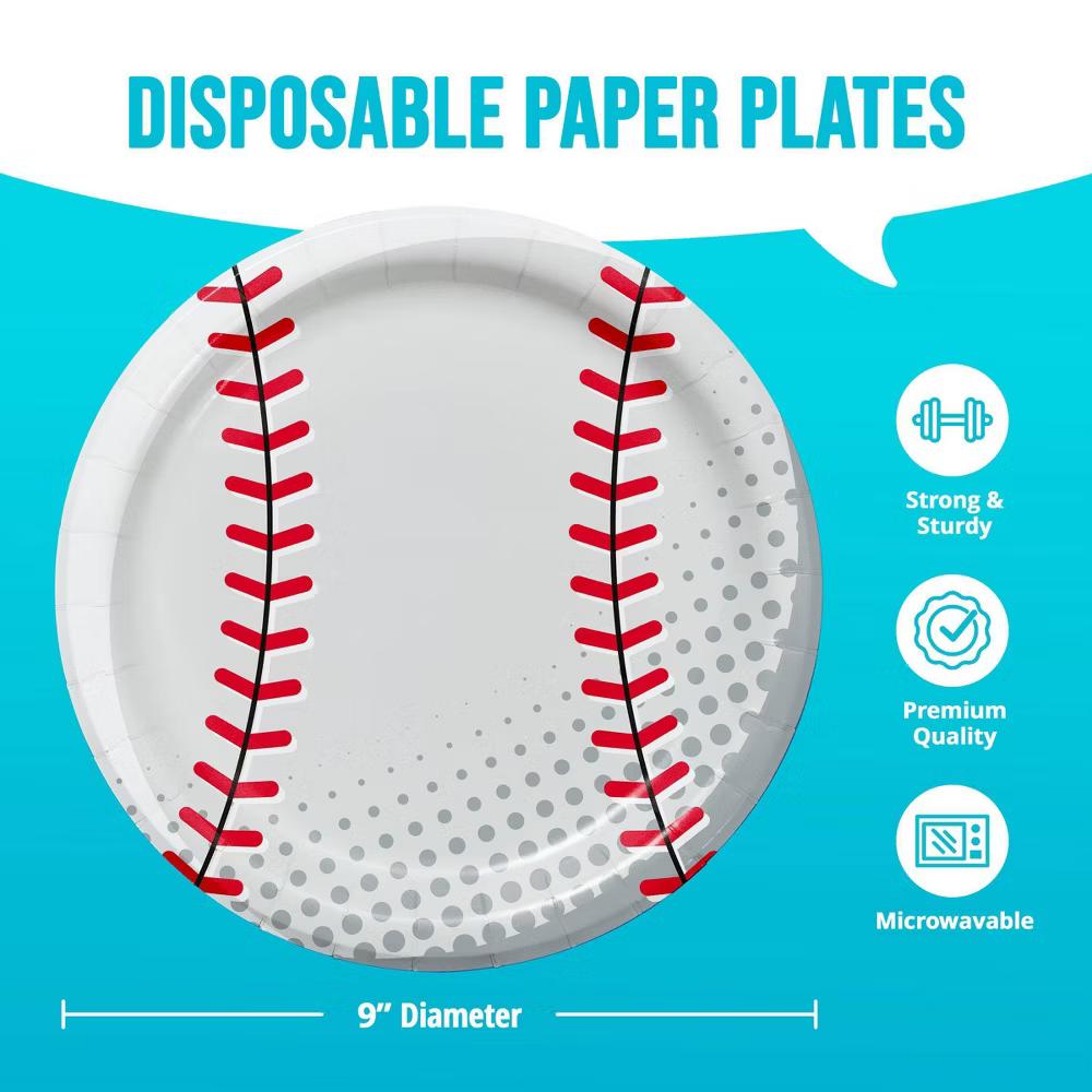 Say Hooray! Sport Spirit Red and White Baseball Party Disposable Paper Plates 9" - 32ct - Image 4