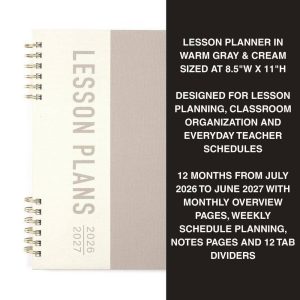 8.5" 11" 2026-2027 Monthly/Weekly Lesson Planner - Warm Gray/Cream, School Supplies