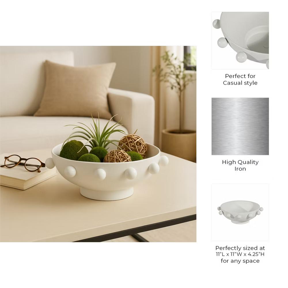 Modern Round Bowl with Knobs for Coffee Table Decor - Decorative Centerpiece Table Decorations for Home Decor Accents - 4.25", White