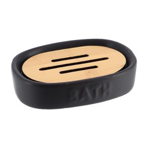 French Home Goods Elegant Dolomite Soap Dish with Bamboo Tray – Stylish Bathroom Accessory, Versatile Use in Kitchen & Bathroom
