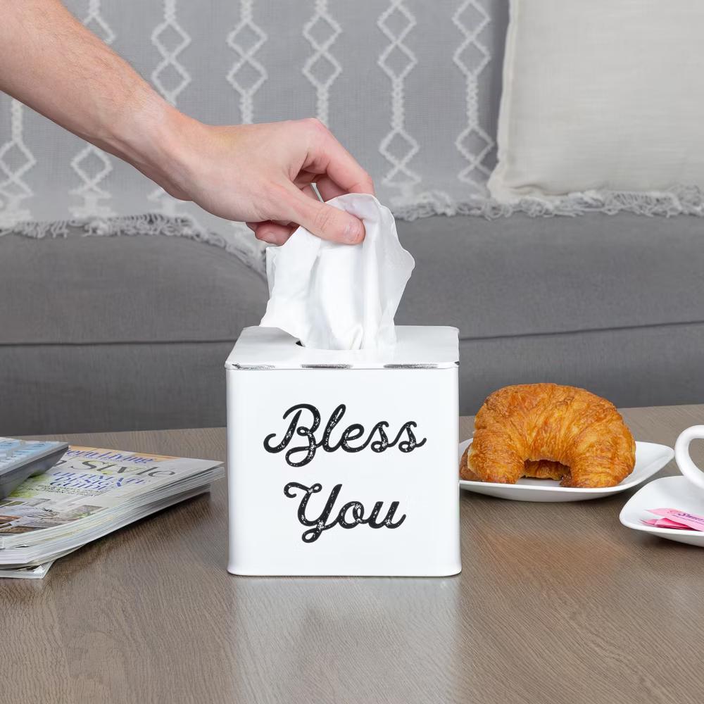 AuldHome Design White Tissue Box Cover; Enamelware Square Distressed Farmhouse Vintage Style Decor Tissue Holder - Image 9