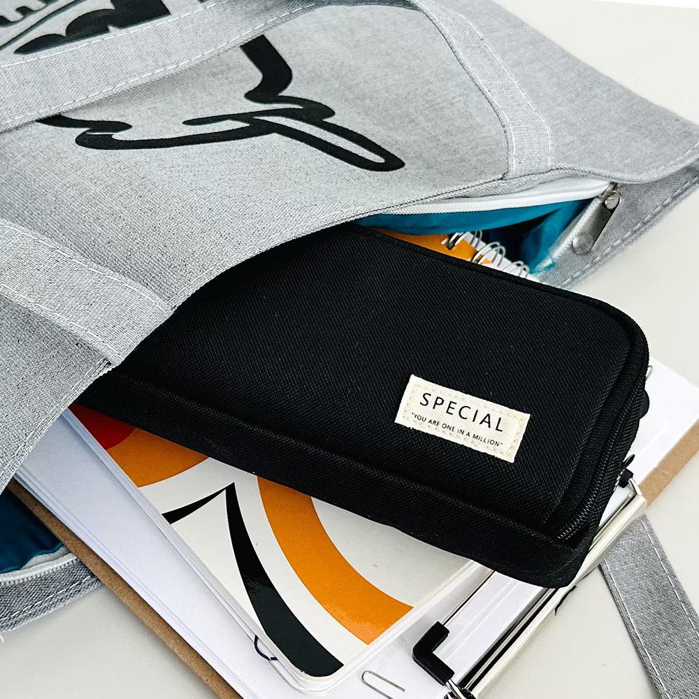 Large Capacity Pencil Case, 3 Compartment Pencil Pouch for Stationery Pens, Black - Image 3