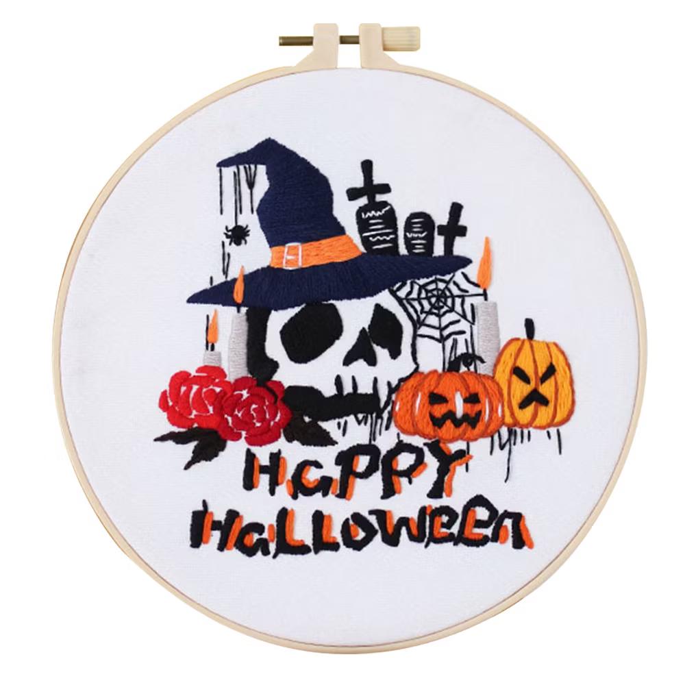 Embroidery Starter Kit for Beginners, Halloween Stamped Cross Stitch Kits, Stitch Learning DIY Kit with Embroidery Patterns for Beginners, Halloween