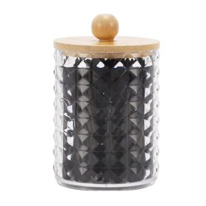 Square Diamond Pattern Acrylic Bamboo Wood Cotton Swab Jar Clear Wood Color 1 Pc