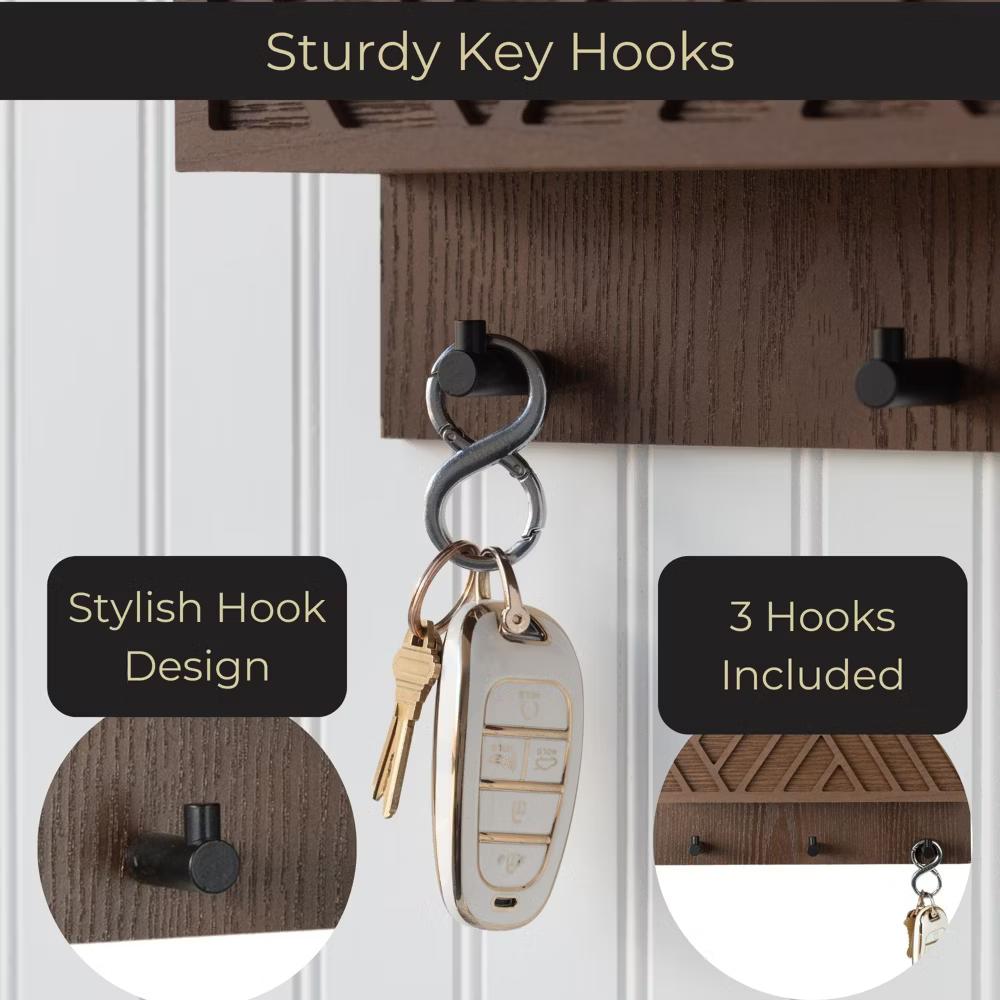 Wall Mounted Mail Organizer with 2 Slots and 3 Hooks – Multiple Finishes – MDF Wood - Image 3