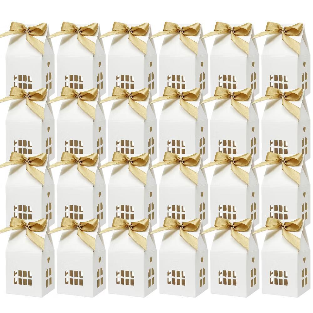 Christmas House Shaped Gift Boxes with Ribbons for Weddings, Housewarming, Cookies, Candies, Treats, Party Favors (Set of 24), White - Image 3
