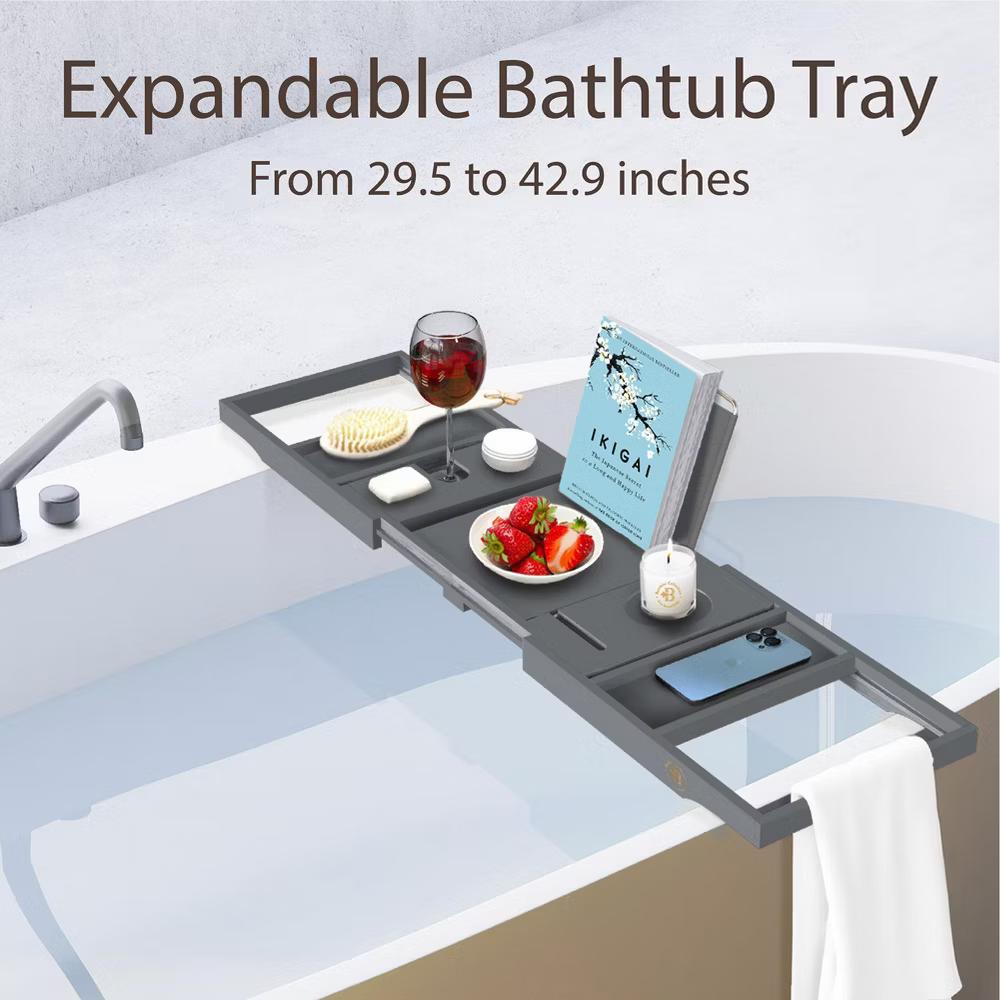 Luxury Bamboo Bathtub Tray Caddy - Brown Expandable and Foldable Non-Slip Bath Caddy with Book, Tablet, Wine Glass Holder - Unique Gift for Her or Him - Image 3