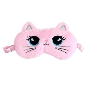 Plush Cat Face Sleep Mask Soft Faux Fur Eye Cover with Embroidered Design Elastic Satin Strap for Comfortable Light Blocking