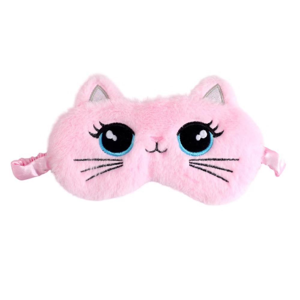 Plush Cat Face Sleep Mask Soft Faux Fur Eye Cover with Embroidered Design Elastic Satin Strap for Comfortable Light Blocking