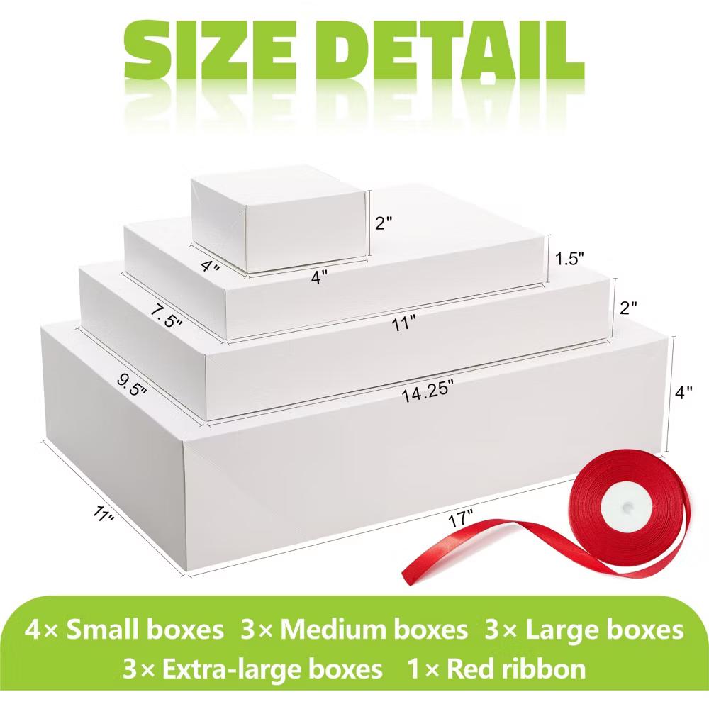 13 Pack White Gift Boxes with Lids Assorted Sizes 17x11x4 14.25x9.5x2 11x7.5x1.5 4x4x2 Plus 25 Yard Red Ribbon