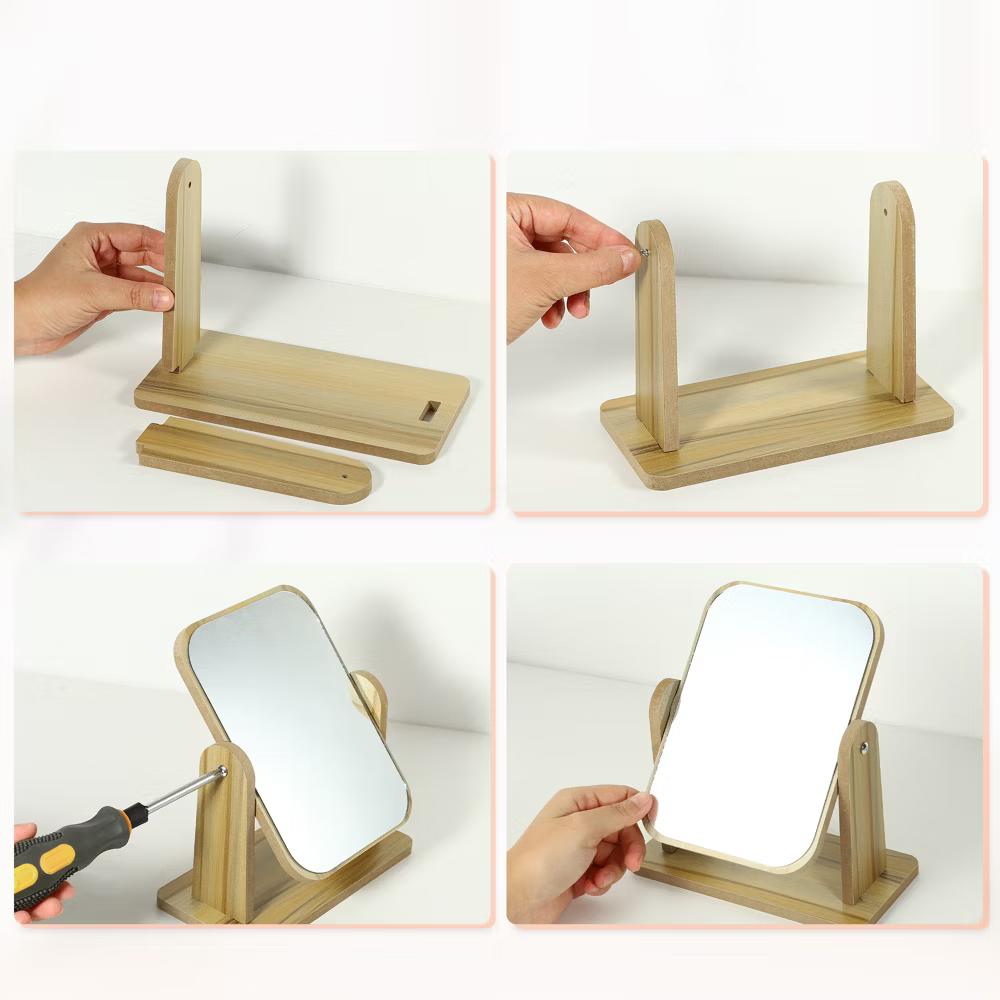 Natural Wooden Rotating Makeup Mirror Beige 1 Pc - Image 6