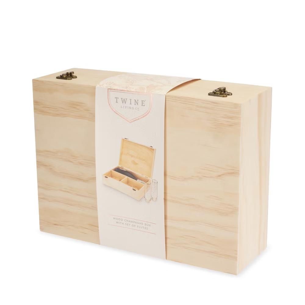 Twine Wooden Champagne Bottle Gift Box and 2 Stemless Gold Rim Champagne Flutes, Sparkling Wine Box with Lid, Packing Straw, Holds 1 Champagne Bottle - Image 2