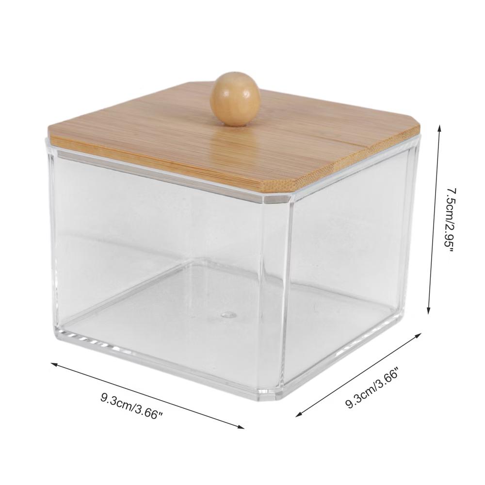 Square Bamboo Cover Acrylic Cotton Swab Holder Bathroom Transparent Wood-Tone 1 Pc - Image 8