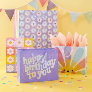 Medium Daisy Checkers Birthday Gift Bag Colorful - Floral Multicolor Pastels, Botanical Pattern, Girl's Birthday Bag