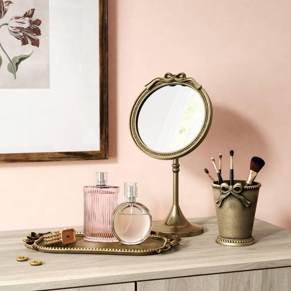 Brass Makeup Mirror with Bow Dark Gold - Image 2