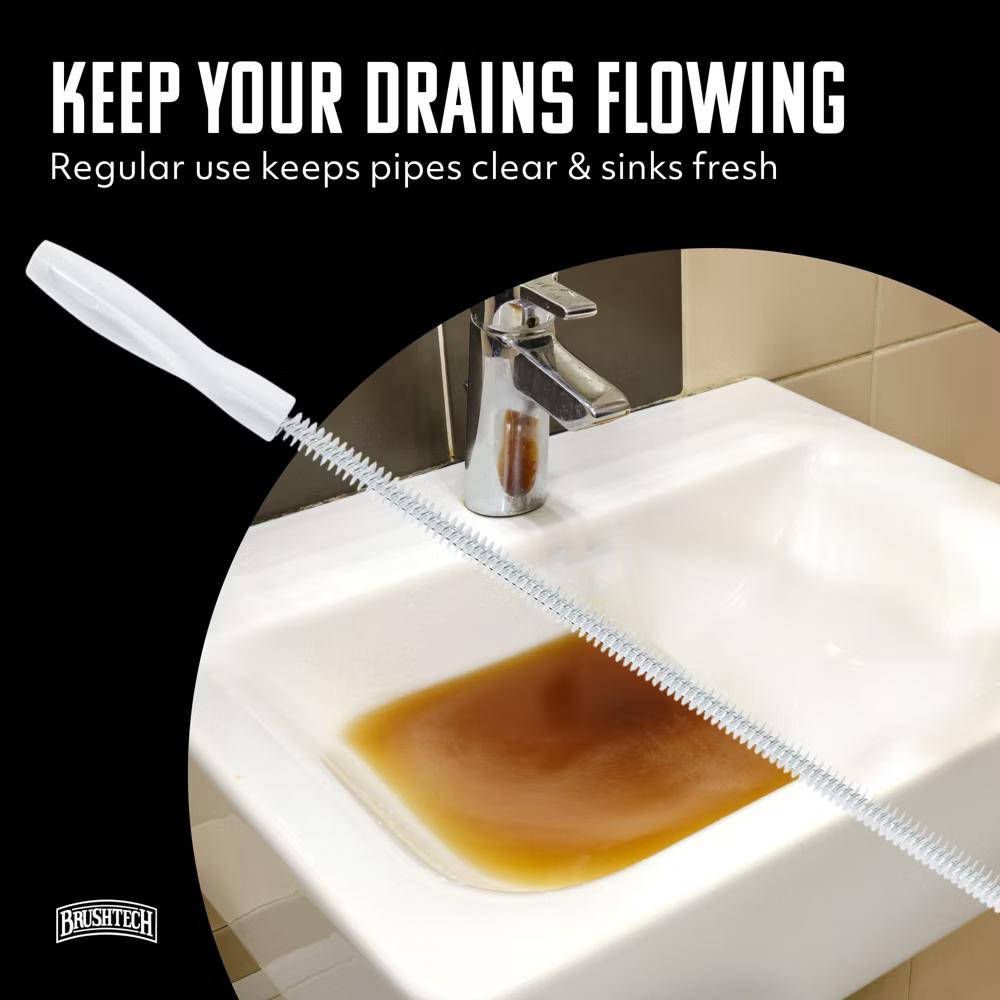 Brushtech Sink Drain & Overflow Cleaning Brush - Thin & Flexible Drain Cleaning Gadget for Clogs, Hair, & Debris - Cleaning Brush - Made in USA