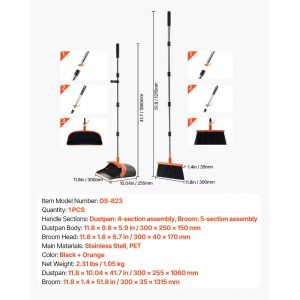 VEVOR Broom and Dustpan Set, Heavy Duty Dustpan and Broom Combo with Self-Cleaning Teeth, Metal Upright Standing Dust Pan with Long Handle, Black