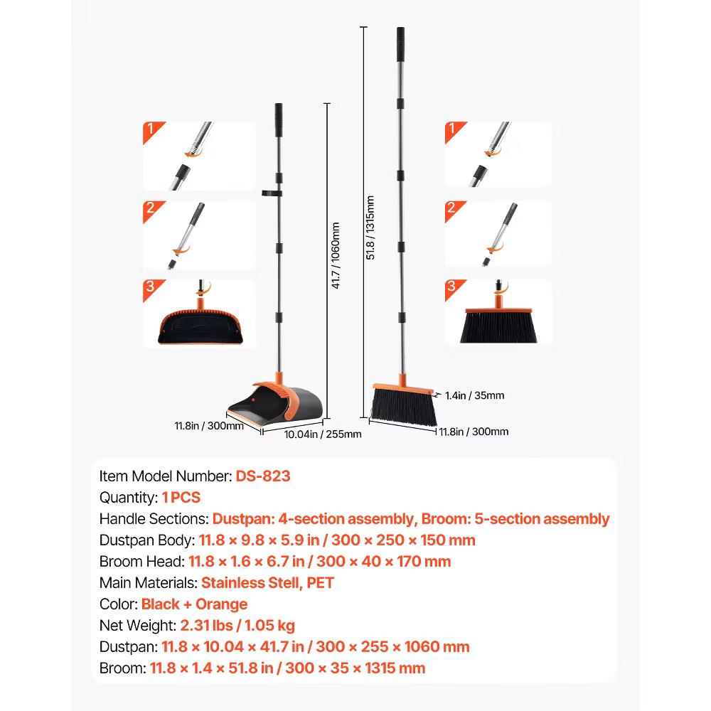 VEVOR Broom and Dustpan Set, Heavy Duty Dustpan and Broom Combo with Self-Cleaning Teeth, Metal Upright Standing Dust Pan with Long Handle, Black