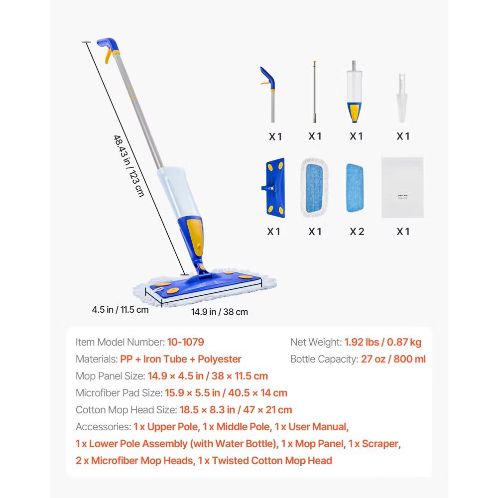 VEVOR Spray Mop, with 3 Washable Pads for Dry and Wet Floor Cleaning and a 27oz Refillable Water Tank, Microfiber Dust Wet Mop, Blue - Image 3