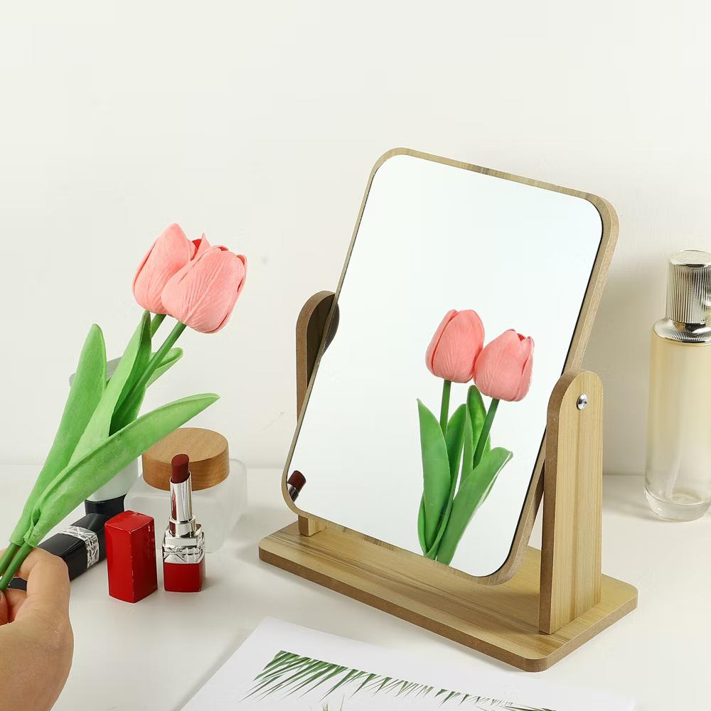 Natural Wooden Rotating Makeup Mirror Beige 1 Pc - Image 2