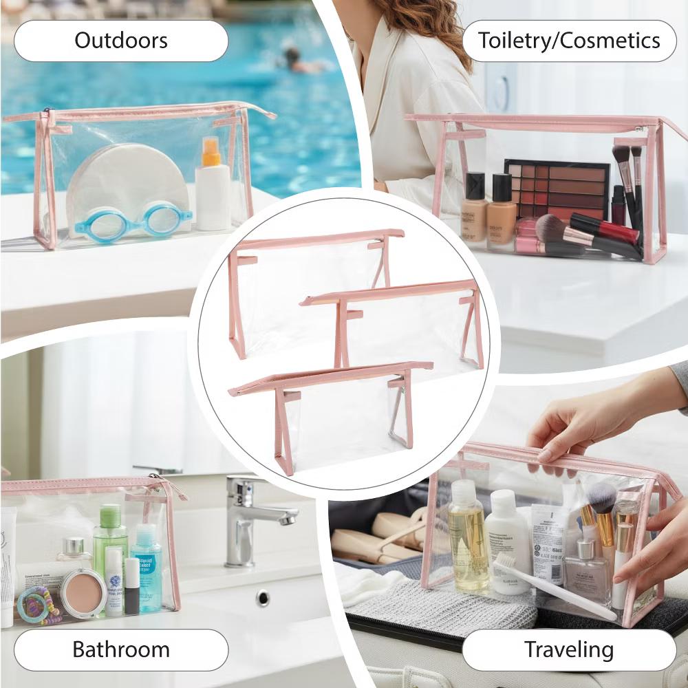 Mber 3-Pack Clear Makeup Bag with Zipper, TSA Approved Toiletry Bag, Clear Travel Bags For Toiletries, Clear Travel Cosmetic Bags Pouches, Pink - Image 3