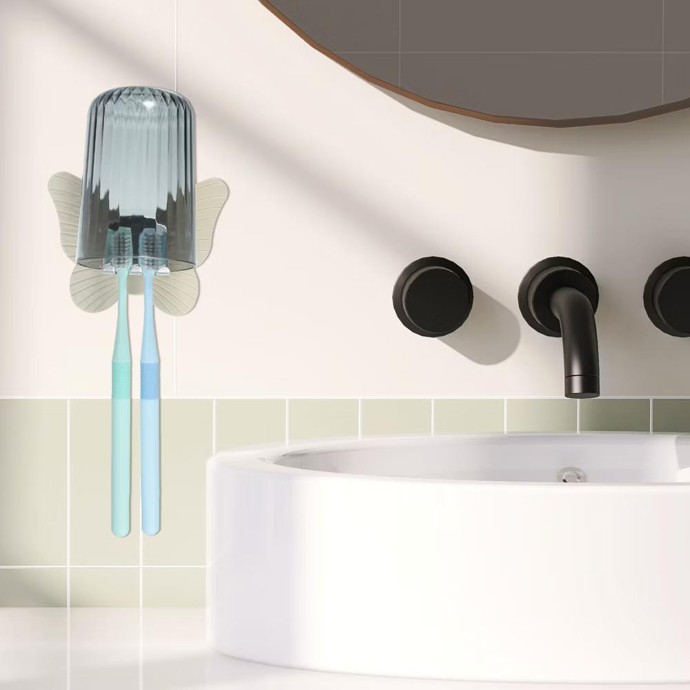 Bathrooms Wall Mounted Butterfly Shape Toothbrush Holder with Cup Beige 4.33"x3.35" 1 Set - Image 3