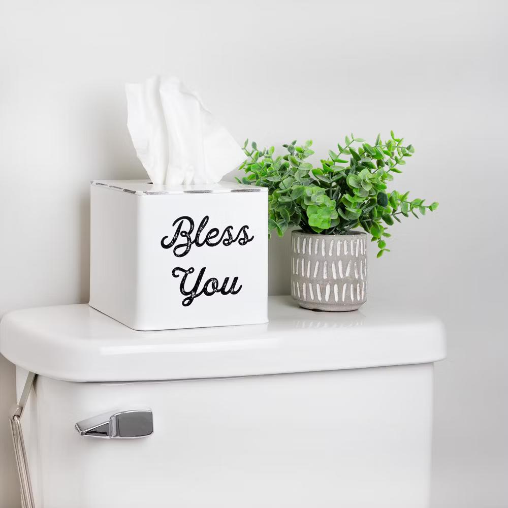 AuldHome Design White Tissue Box Cover; Enamelware Square Distressed Farmhouse Vintage Style Decor Tissue Holder - Image 5