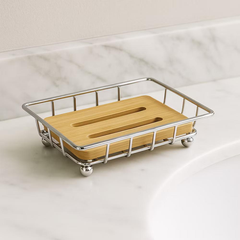 French Home Goods Bamboo Soap Dish Tray with Metal Wire Frame – Self-Draining Design, Ideal for Bathroom or Kitchen Counters - Image 13