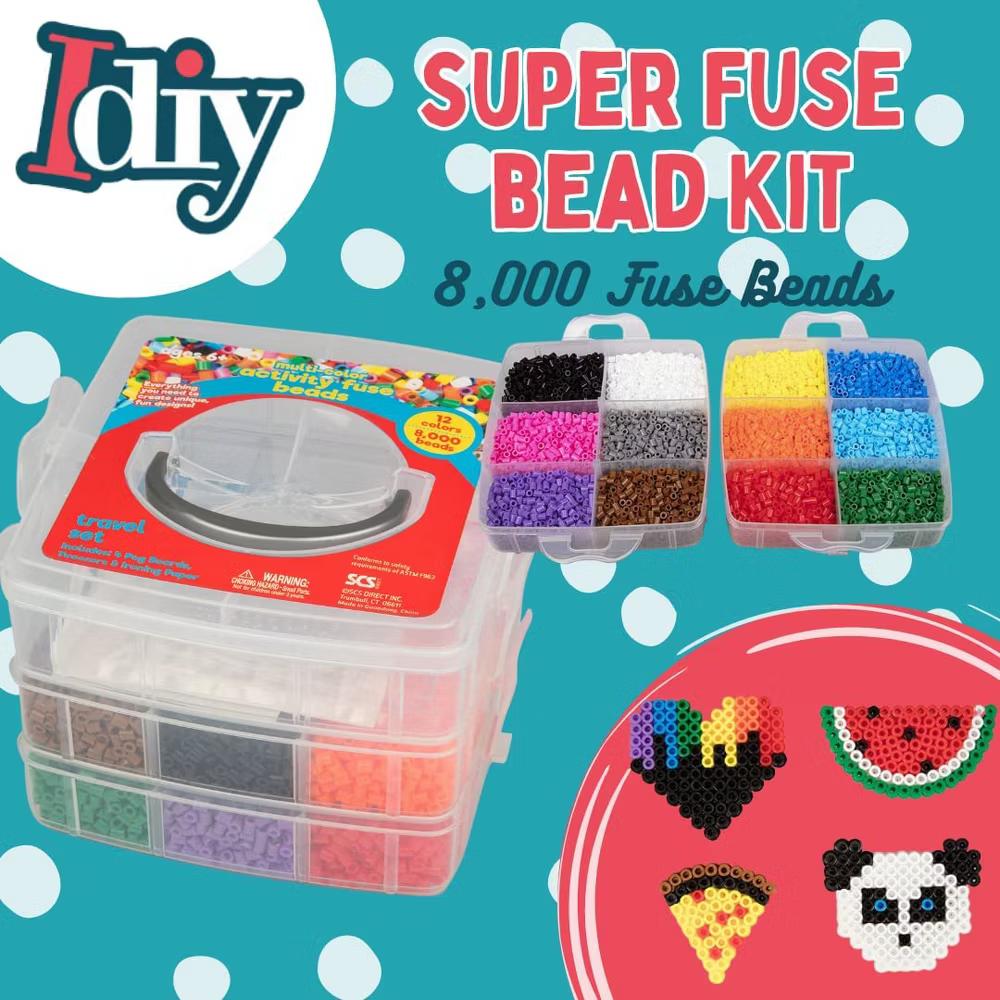 8,000pc Fuse Bead Super Kit w Carrying Case -Presorted 12 Multi Colors, Tweezers, Peg Boards, Melt Iron Paper- Craft Project, Kids Gift - Image 2