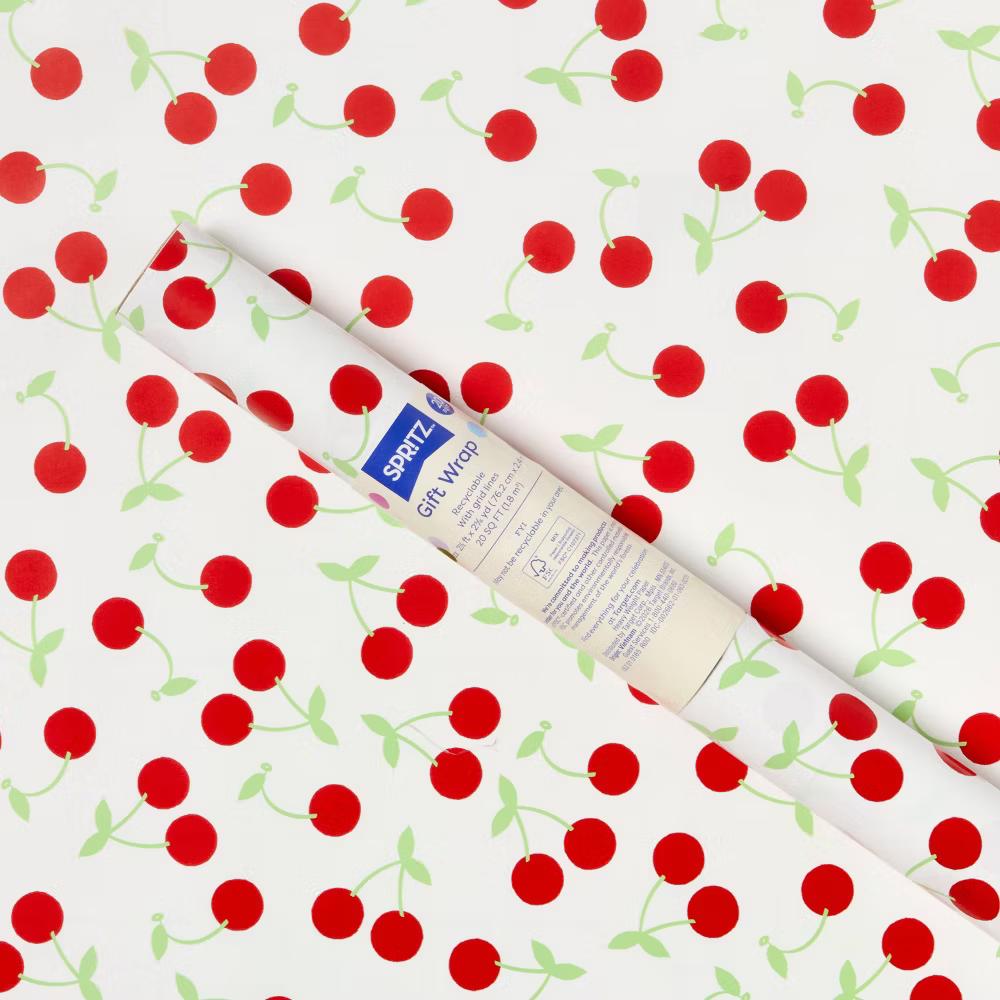 96"x30" Cherry Print Gift Wrapping Paper White/Red - Image 3