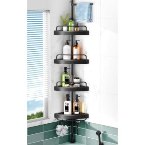 Corner Shower Caddy: Adjustable 55-122 Inch, 4-Tier ABS Basket, Stainless Steel Tension Pole, Space-Saving Bath Organizer.