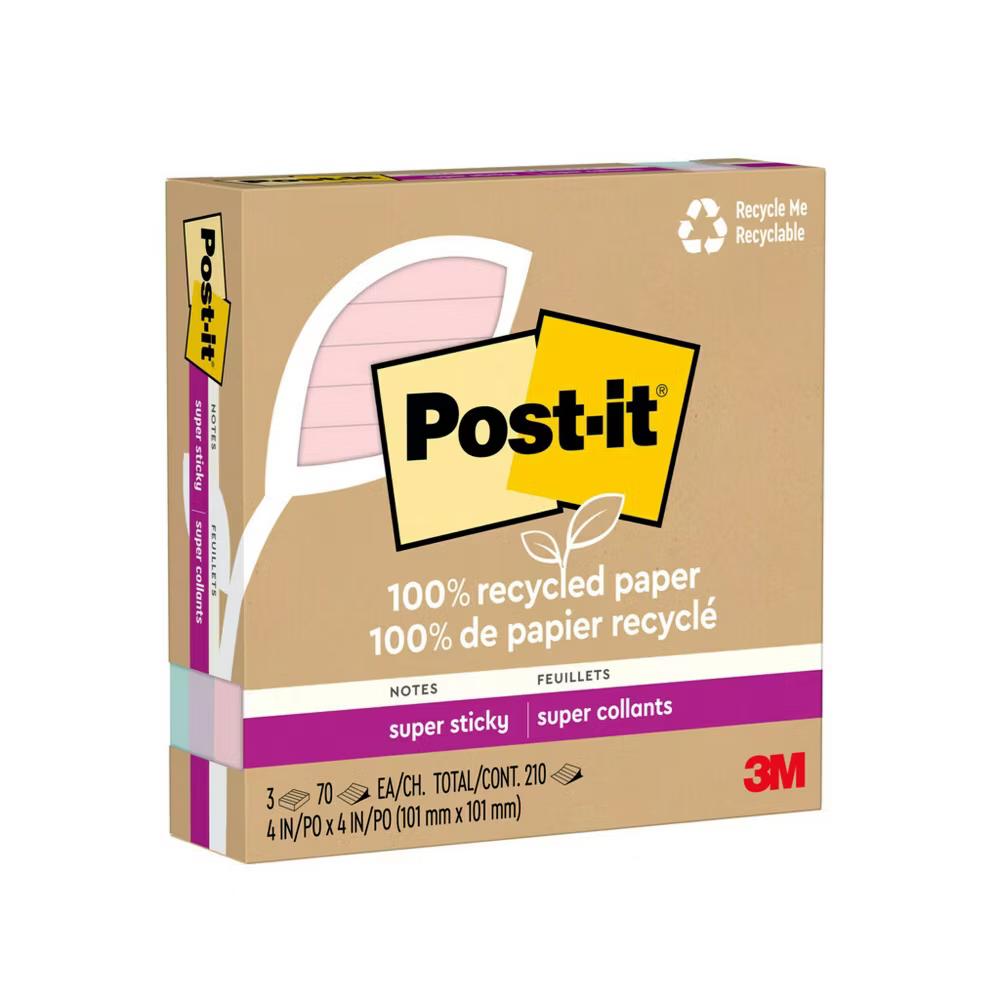 Recycled Super Sticky Notes 4"x4" Pastels: 100% Recycled Paper, 0.3 Inch Rule, Multicolored, 210 Sheets