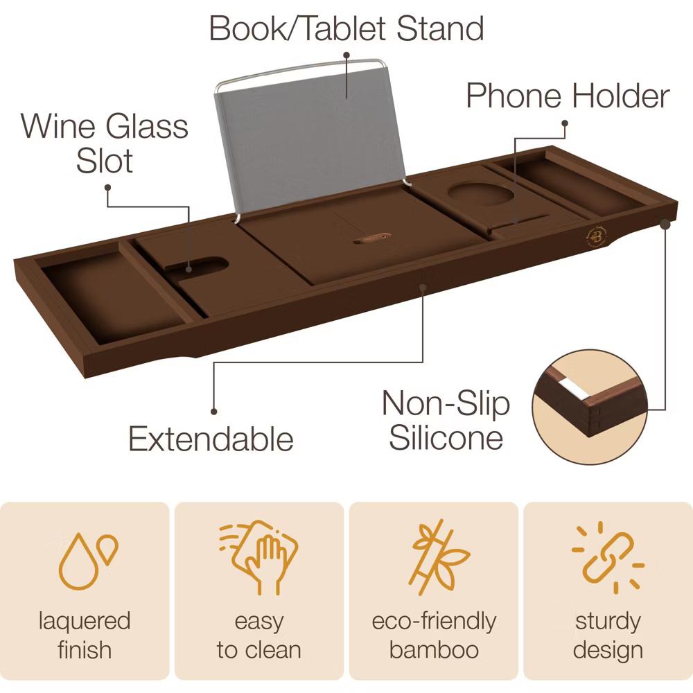 Luxury Bamboo Bathtub Tray Caddy - Brown Expandable and Foldable Non-Slip Bath Caddy with Book, Tablet, Wine Glass Holder - Unique Gift for Her or Him - Image 4