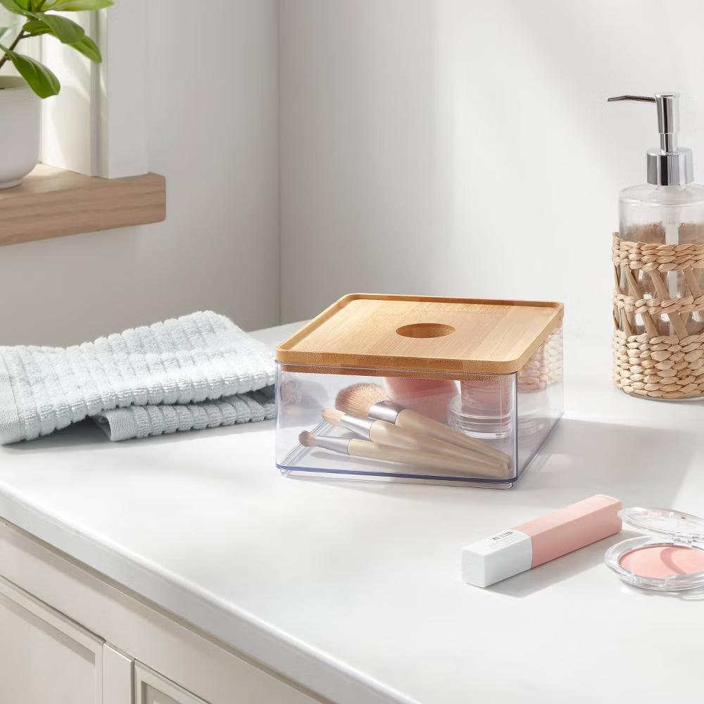 Small Clear Canister with Bamboo Lid - Bathroom Container, Qtip Holder, Spot Clean, 3" Height - Image 3