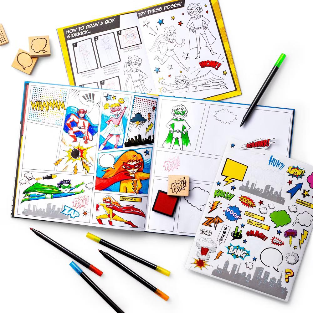 Create-Your-Own Superhero Comic Books Kit - DIY Art Kit for Designing Superhero Comics, Includes Markers & Stickers