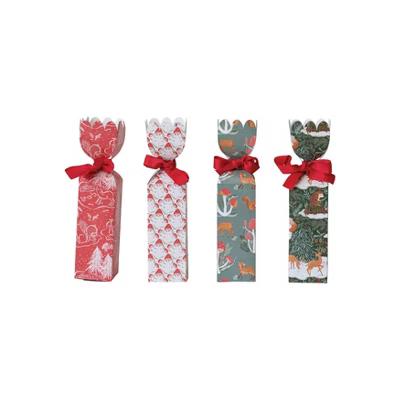 Storied Home Tall Paper Gift Boxes with Woodland Flora and Fauna Pattern and Red Ribbons, Multicolor, Set of 4 - Image 2